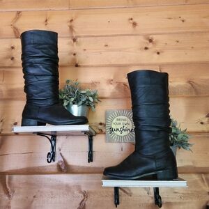 Classique Vintage Black Leather Slouch Tall Riding Heeled Boots Pull On Sz 6.5 M